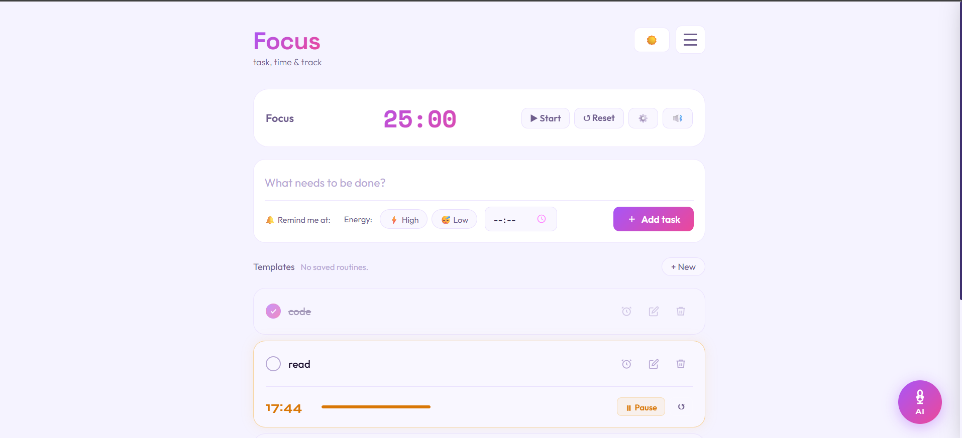 Focus List mobile app – task list, timer, and AI assistant